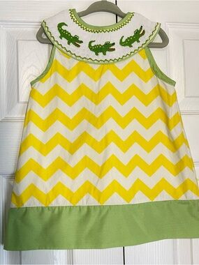 Babeeni Alligator Smocked Dress Yellow Chevron Green White